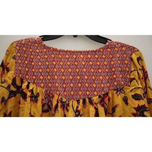 Raga R3872 Women's Sz 2 Mustard V-Neck Crinkle Woven Boho Babydoll Top - Picture 5 of 9